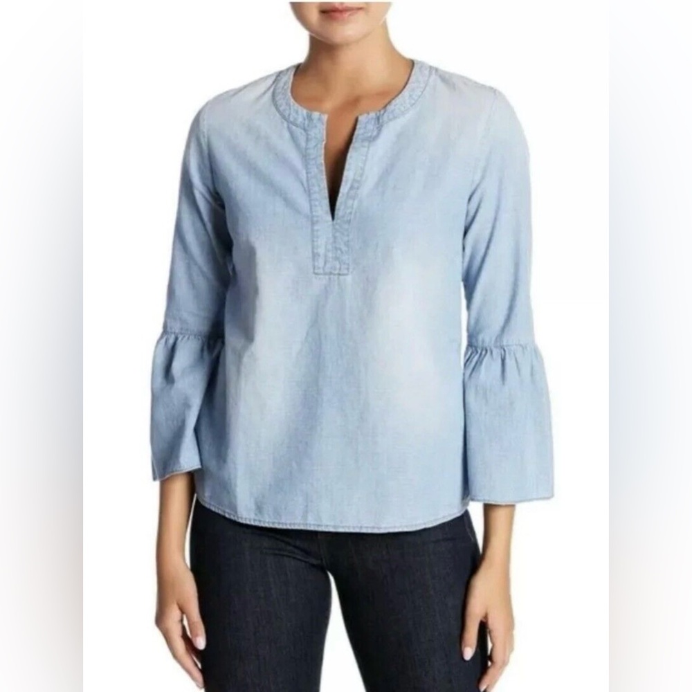 J. Crew Chambray Bell Sleeve Split V Neck Shirt Size M Top